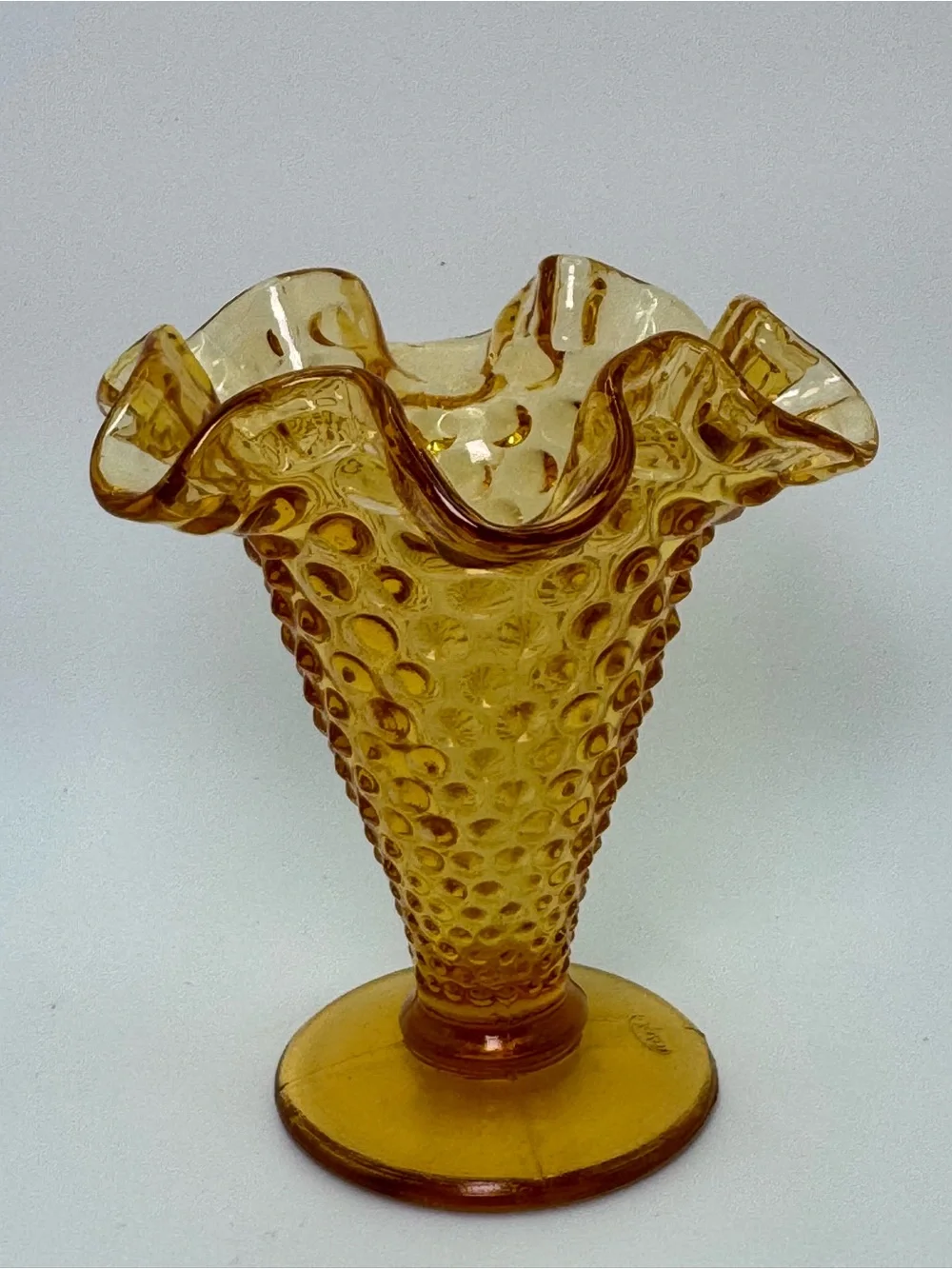 Vintage Fenton Amber Hobnail Mini Ruffled Vase Crimped Rim USA